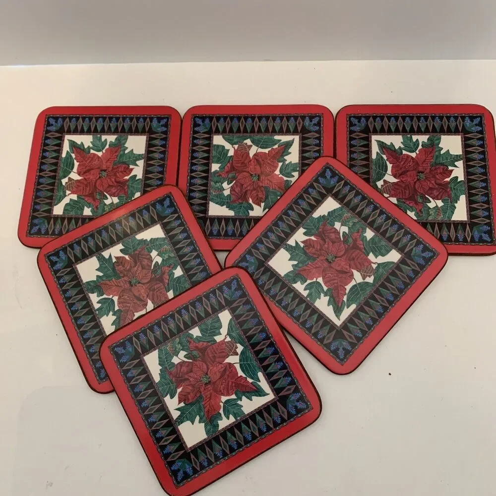 Royal Table Set of 6 Coasters Poinsettia Holiday Satin Finish Cork Backed 4